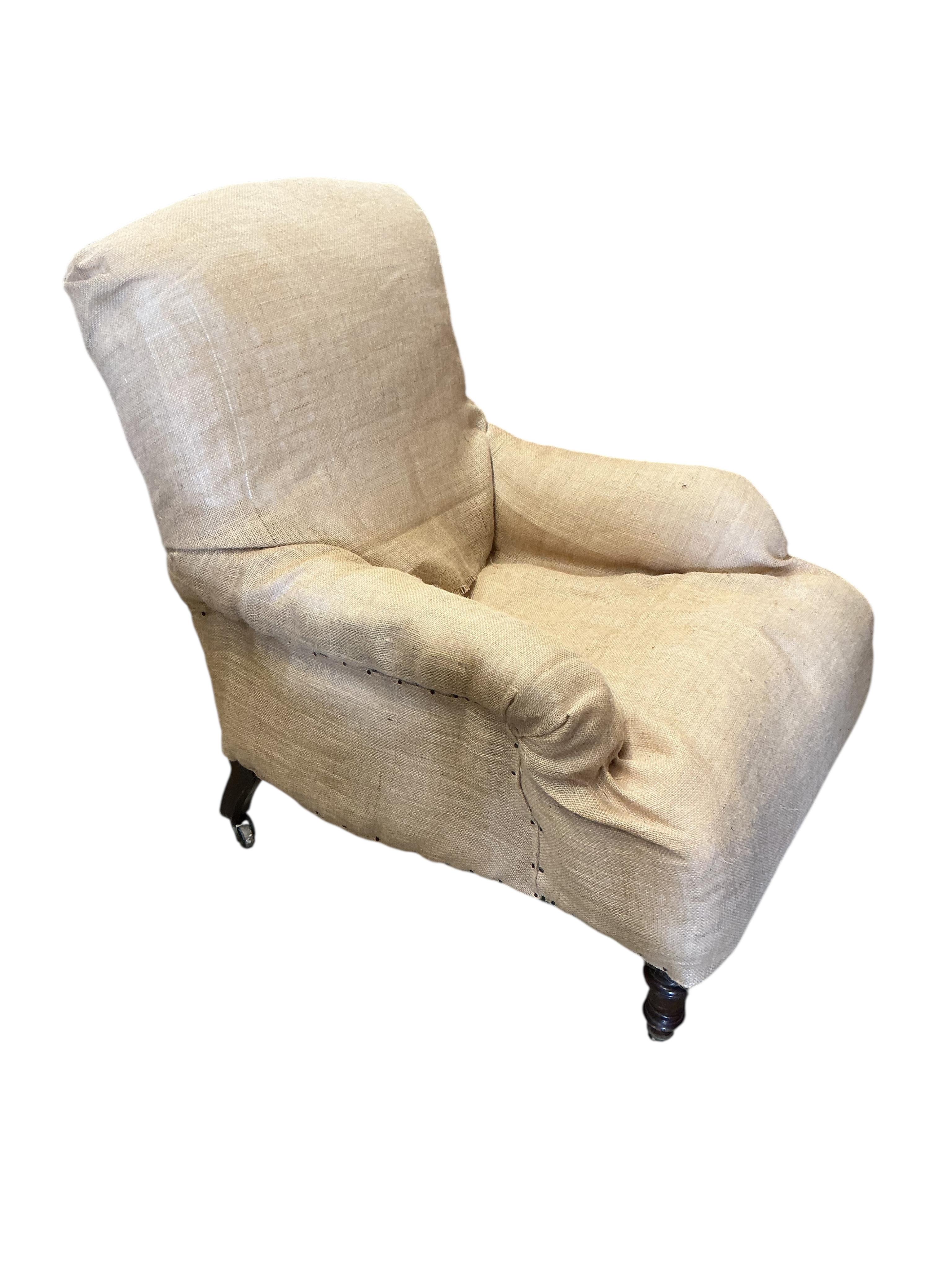 A Victorian Maple & Co. hessian covered library chair, width 72cm, depth 80cm, height 92cm